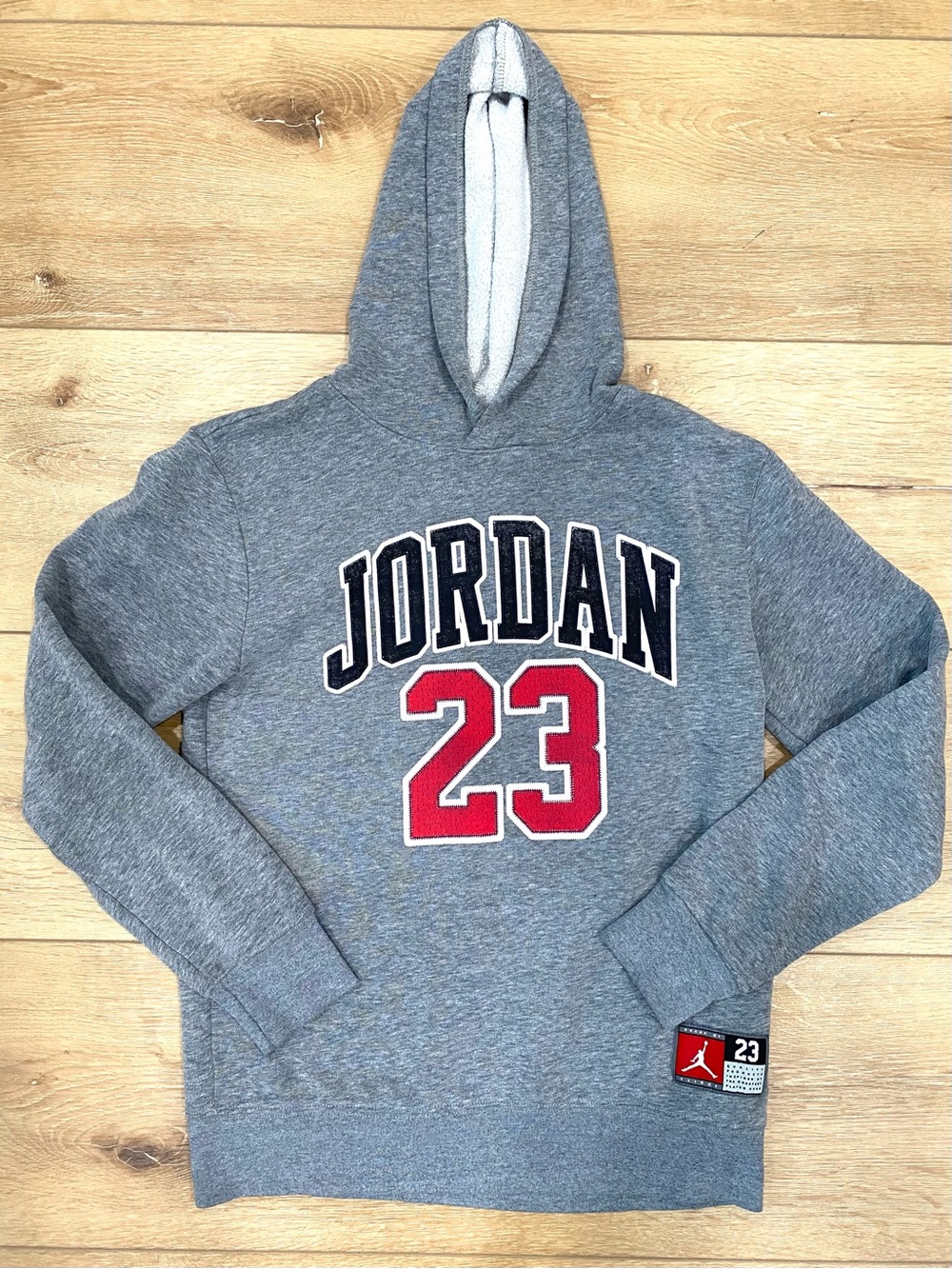 Jordan 23 Brand Of Flight Hoodie Boys L Grey Red Varsity Sweatshirt Basketball